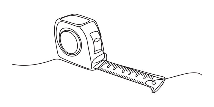 Measuring tape  in one continuous line drawing. Symbolizing industrial tools and craftsmanship, Tape Measure Continuous Line Art Illustration, Tape measure in line art drawing style. Flexible ruler.  