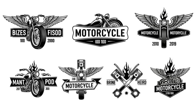 Collection of vintage motorcycle emblems and logos featuring wings and mechanical elements in monochrome design for bikers and motorcycle enthusiasts worldwide to appreciate the classic style.
