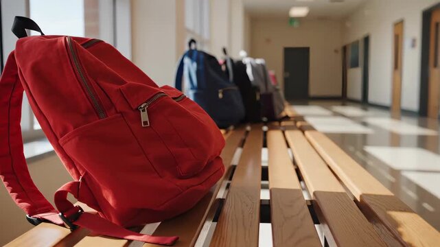 Red backpack placed alone on a school bench in a sunlit hallway. Concept of isolation, loneliness, or bullying in an empty school environment. Student life theme