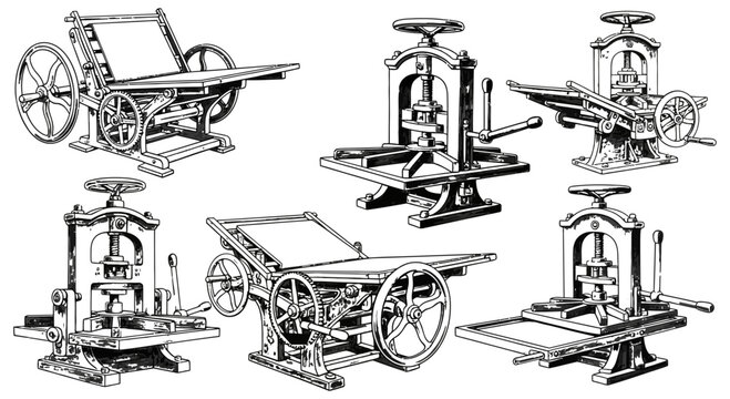Collection of vintage printing presses from the 19th century showcasing various mechanical designs and innovations in early printing technology