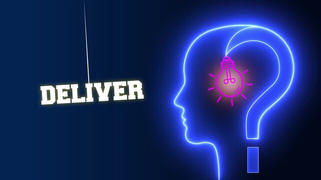Deliver text sign swinging besides a glowing neon blue human head profile with a pink light bulb and question mark representing high quality creative results and output