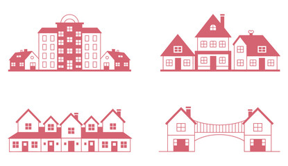 Naklejka premium Simple Red House Icons Representing Neighborhoods and Architecture. Residential building symbols, home and property design concept, urban planning, real estate illustration, editable stock vector desi