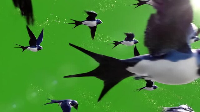 Green Screen a flock of swallows flying freely group birds made in 3d scene 1 with distortion, overlay, glitch, static noise, scan lines on black background, 4k animated video loop