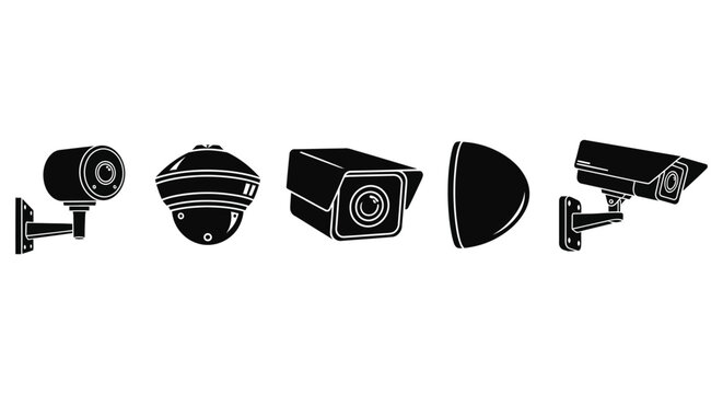 Collection of diverse vector security camera illustrations showcasing modern surveillance technology designs.
