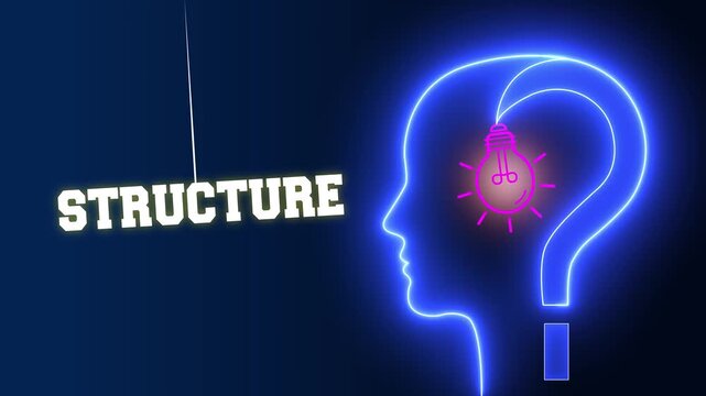 Structure text sign swinging besides a glowing neon blue human head profile with a pink light bulb and question mark representing logical building and mental architecture