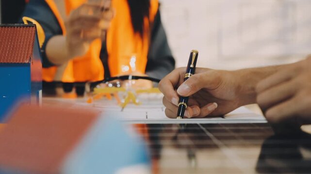 Construction and structure concept of engineer working drawing on blueprint meeting for project working with partner on model building and engineering tools in working site, construction concept