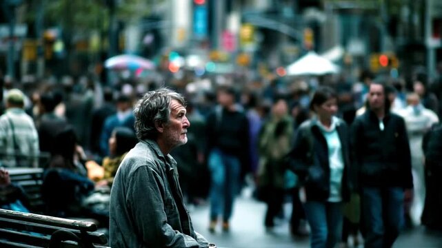 老人が行き交う人々を座りながら見ている