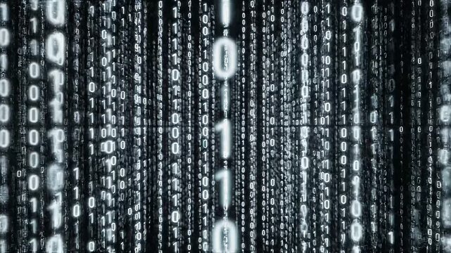 Abstract digital background with glowing binary code numbers 0 and 1 forming vertical streams.