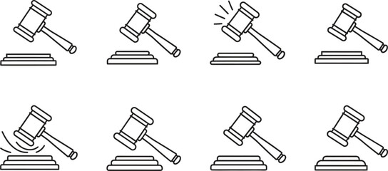Set of minimalist judges gavel icons featuring various states of striking ideal for legal auction and justice-related web and app design © Muhammad