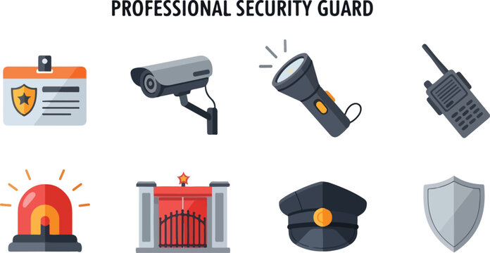 Graphic illustration features security guard icons Icons include ID badge camera flashlight radio siren gate cap shield
