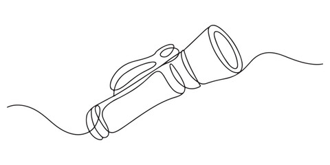 Continuous one line drawing of a flashlight.one line vector illustration with white background.  continuous line flashlight.one line drawing of lighting tool. single line flashlight emergency light. © MOHAMMAD
