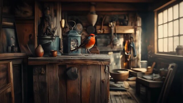 A robin with vibrant red breast perches on a weathered wooden table, interior setting