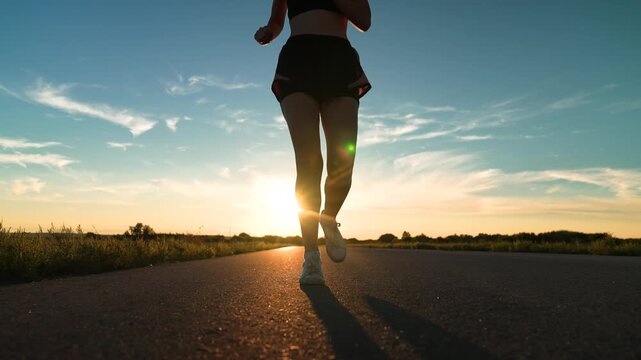 silhouette sports girl running legs along road sunset, motivation running with fitness woman, marathon, light training, runner training, triathlon competition, athlete runner training stadium, running