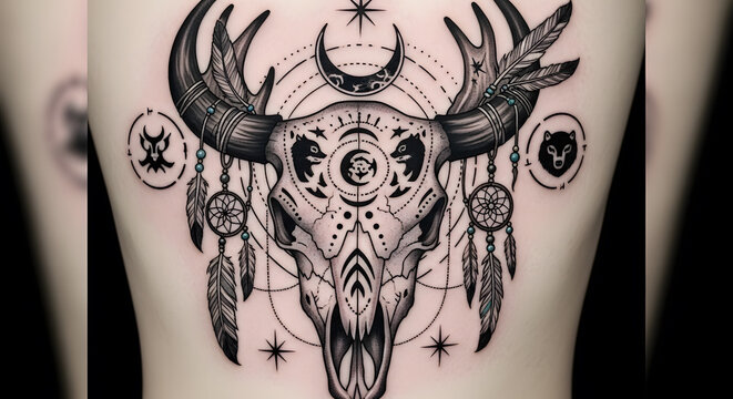 A detailed black and white tattoo design of a bison skull decorated with feathers dreamcatchers and mystical symbols