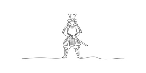A samurai warrior in traditional armor with sword standing on a plain background