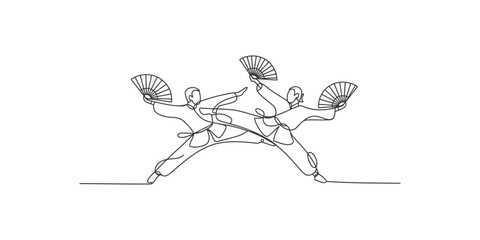 Obraz premium Continuous line drawing of three dancers with fans in a dynamic pose