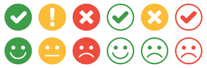 Round Icon Set Showing Green Yellow Red Check Marks Cross Marks Alerts Emoticons Feedback Buttons Flat Emoji Vector Illustration © HeLLo WorLd