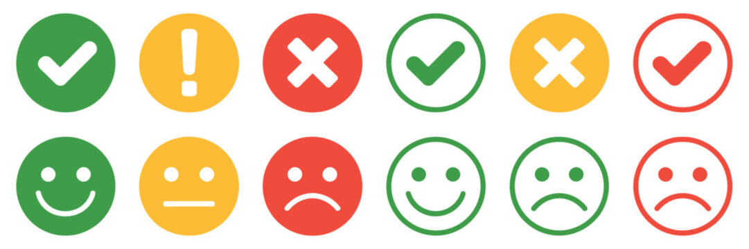 Round Icon Set Showing Green Yellow Red Check Marks Cross Marks Alerts Emoticons Feedback Buttons Flat Emoji Vector Illustration