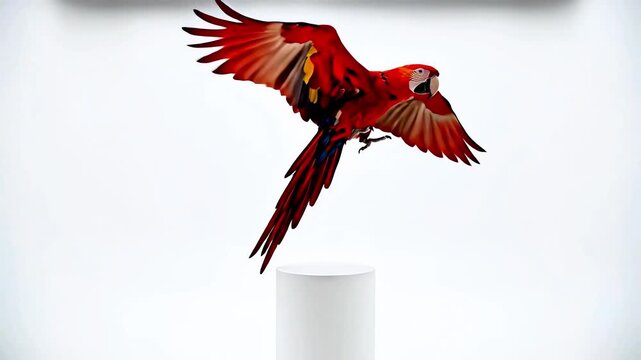 Flying macaw parrot spreads bright red wings, majestic flying exotic tropical bird leaves white pedestal, exotic flying scarlet macaw displays colorful feathers. Concept of wildlife freedom and beauty