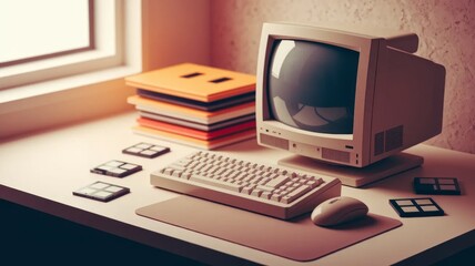Fototapeta premium Vintage Personal Computer with Floppy Disks on Desk Retro Technology