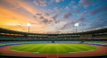 A large stadium with a green field and red track