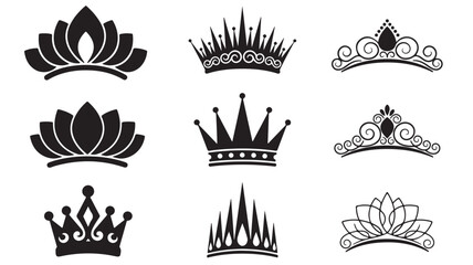 Crown icons with ornate designs and floral motifs, including simple and decorative tiaras with gemstone details, suitable for royalty and elegance © Olise
