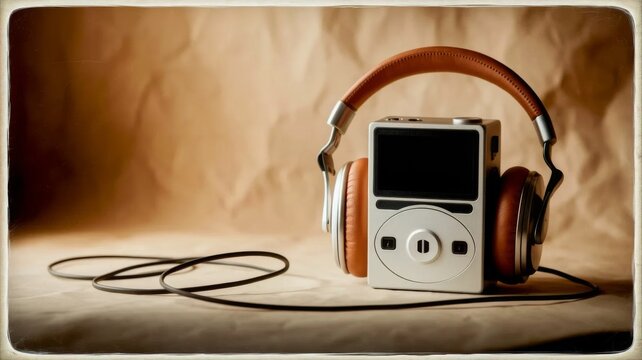 Retro Music Player with Headphones Minimal Monochrome Audio Concept