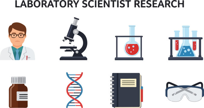 Illustration features a scientist microscope glassware DNA notebook and safety glasses indicative of scientific research