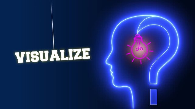 Visualize text sign swinging on a cinematic blue neon background with a glowing human head profile and light bulb for creative imagination and foresight