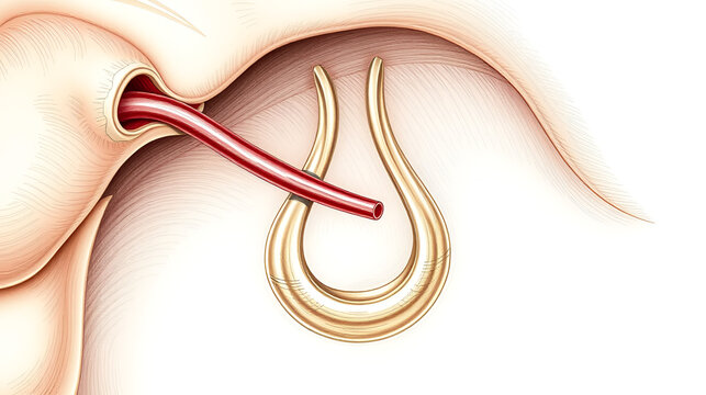 ostomy. Detailed medical illustration of the stapes bone, showcasing its delicate stirrup shape and intricate structure. STEM education sheets.