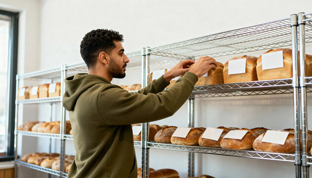Young male baker arranging fresh artisan bread on metal shelves. Bearded man working in a bakery shop organizing loaves