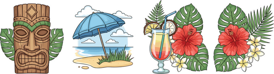 Tropical Summer Vacation Illustration Set Featuring Tiki Mask, Beach Umbrella Landscape, Exotic Cocktail Drink and Hibiscus Flowers with Palm Leaves Decorative Elements © Fahim