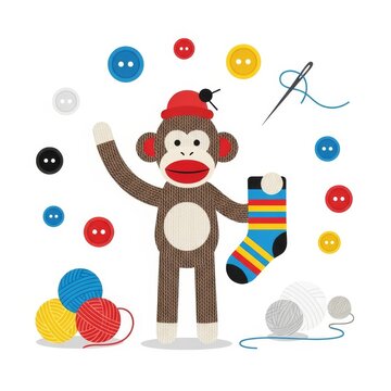 Sock Monkey Day cartoon illustration with sewing and crafting elements