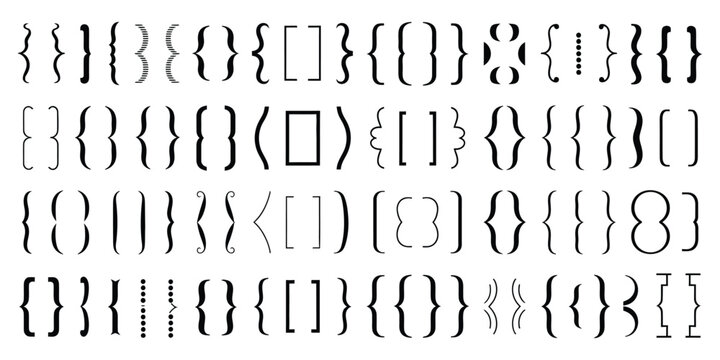 Text brackets collection, black quotation box. Curly, square, and corner parentheses, vintage typographical symbols, calligraphic quote frames