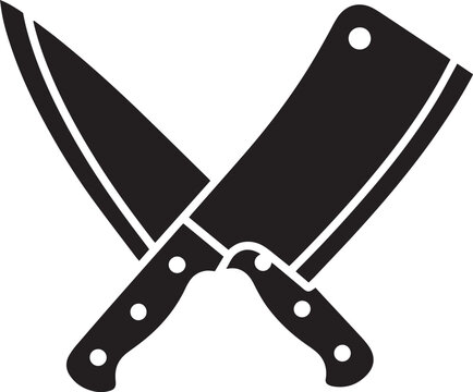 Crossed black chef knife and cleaver on white background kitchen cooking