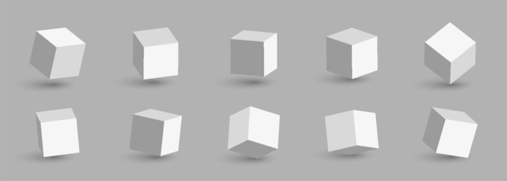 Set of 3D cubes in different perspectives. Geometric cube collection shown from multiple angles. Vector illustration.