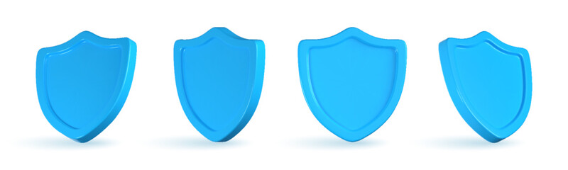 Set of 3D shield security icon set. Glossy blue protective shield. Safety guarantee, antivirus protection, secure access and verified approval symbol.