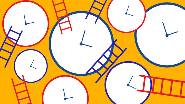 concept of time management with many clocks and ladders on orange background