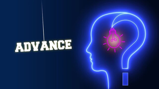 Advance text sign swinging on a cinematic blue neon background with a glowing human head profile and light bulb for futuristic progress and mental breakthrough