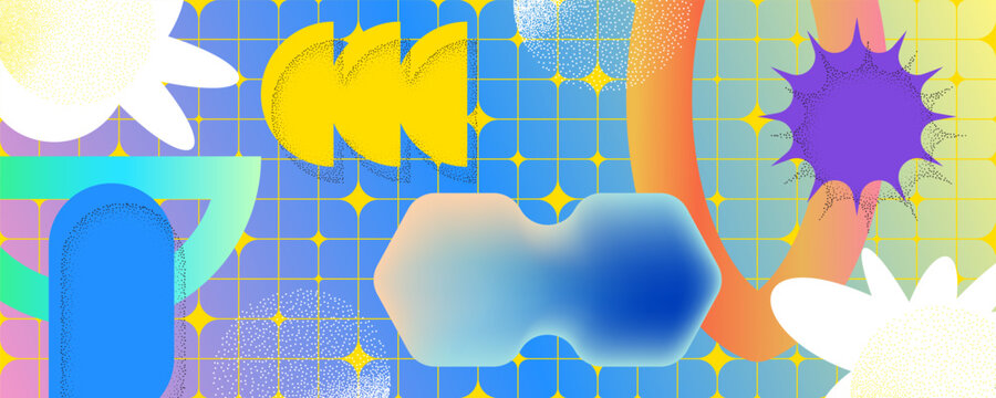 Abstract maximalism background with geometric Y2k shapes. Chaotic trendy composition