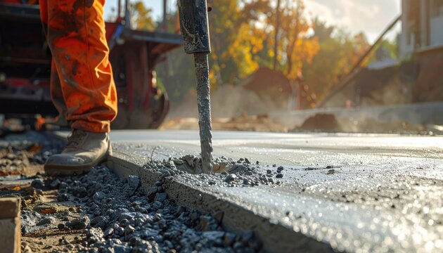 Construction worker operating jackhammer on concrete surface at construction site; demolition tool use at work zone