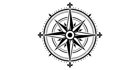 Vector illustration of an old nautical compass rose and map on a white background showing north direction for travel, sea navigation, and adventure exploration
