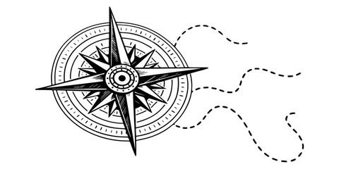 An old nautical windrose vector icon with a compass and map illustrates a travel adventure and the north direction on a cartography sign © hossain