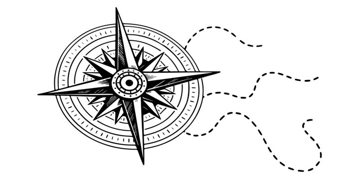 An old nautical windrose vector icon with a compass and map illustrates a travel adventure and the north direction on a cartography sign