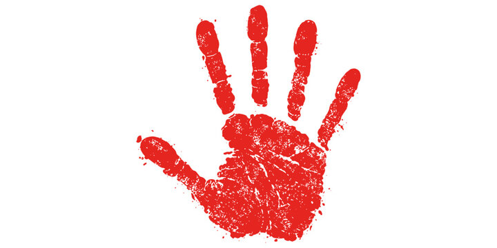 An abstract red handprint in paint or blood shows a human palm and fingers imprinted on a white background as a symbolic identity sign of art