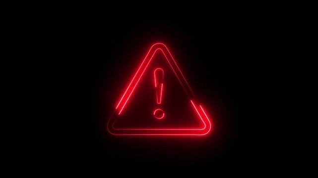 Animation of glowing neon Warning attention icon signal , alert , risk , safety, danger road warning sign animated .neon sign Warning alert .4K black background visuals