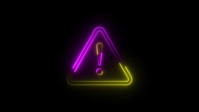 Animation of glowing neon Warning attention icon signal , alert , risk , safety, danger road warning sign animated .neon sign Warning alert .4K black background visuals