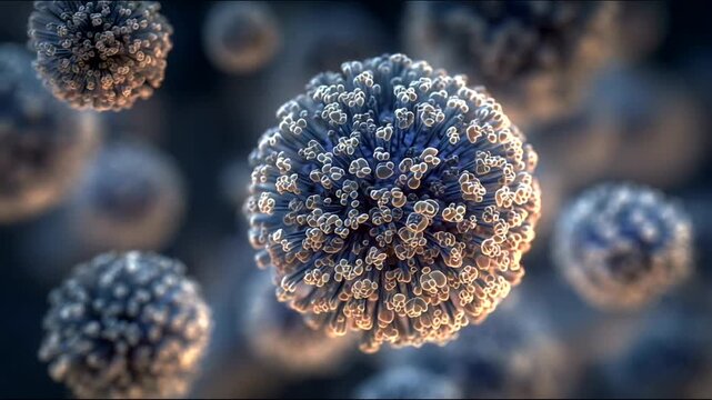 Microscopic view of virus particles in a dark background