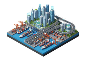 A digital illustration depicts a port city with container ships cranes roads and buildings