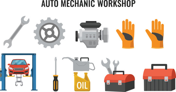 Image features repair tools wrench gear engine gloves lift with car screwdriver oil can toolbox